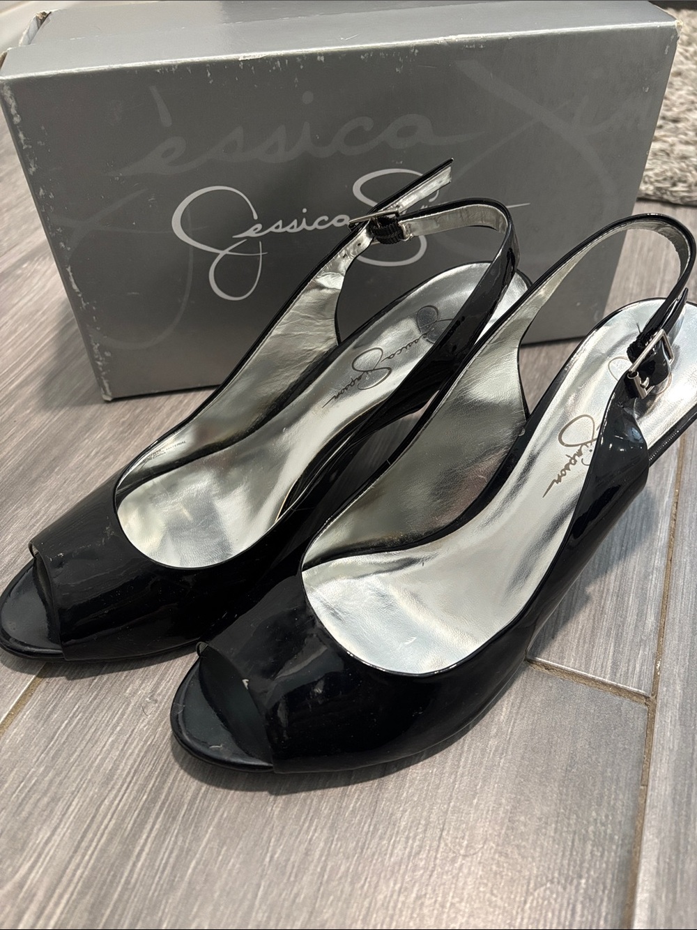 Jessica Simpson Black Patent Peep-Toe Slingback Heels